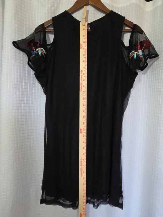 Kyra Tunic Black Cold Shoulder Large Embroidered Floral Tulle Whimsigoth Fairy - Picture 7 of 11